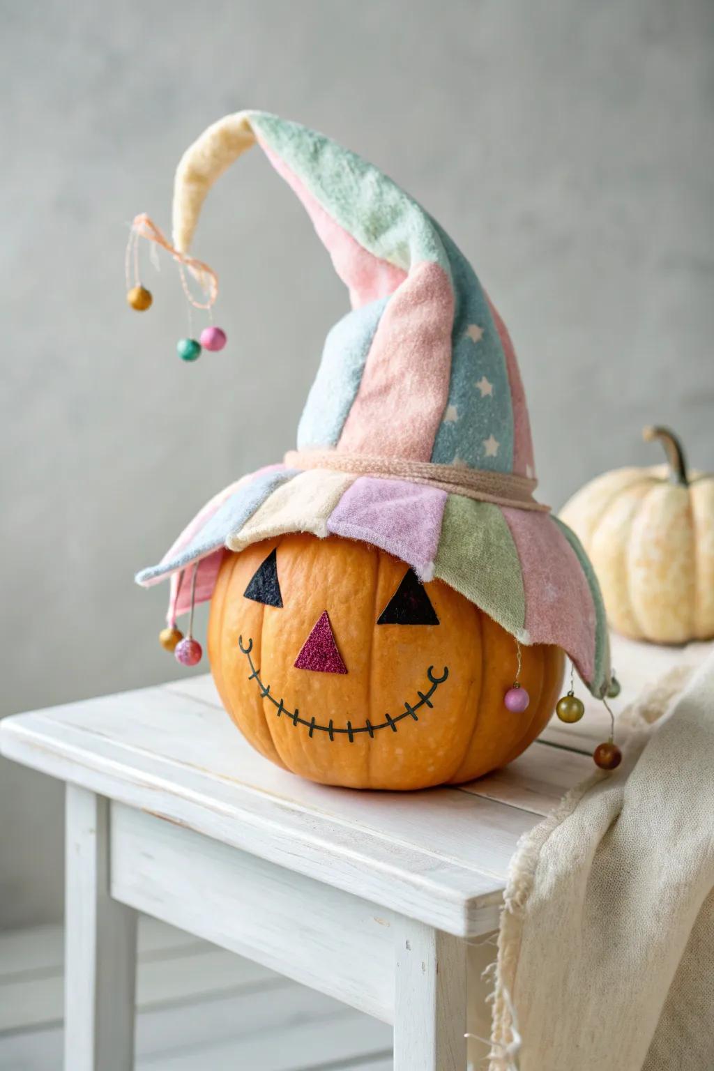 Add a touch of whimsy to your home with this charming jester pumpkin!
