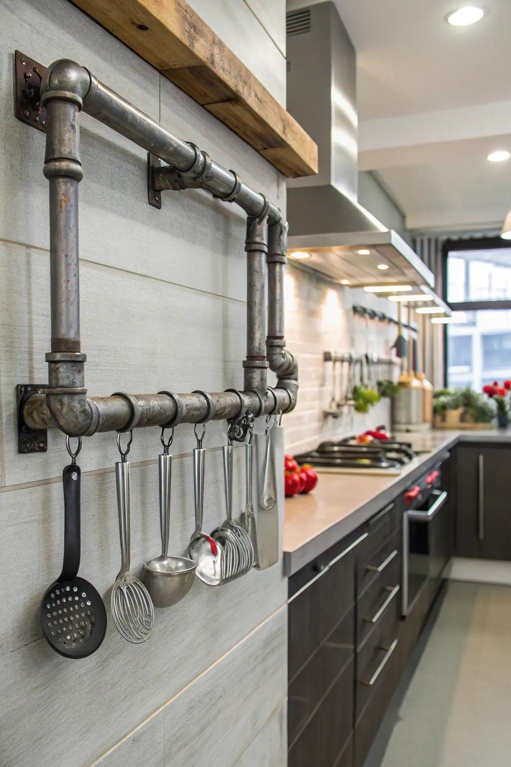 Metal pipes provide an industrial edge to utensil storage.