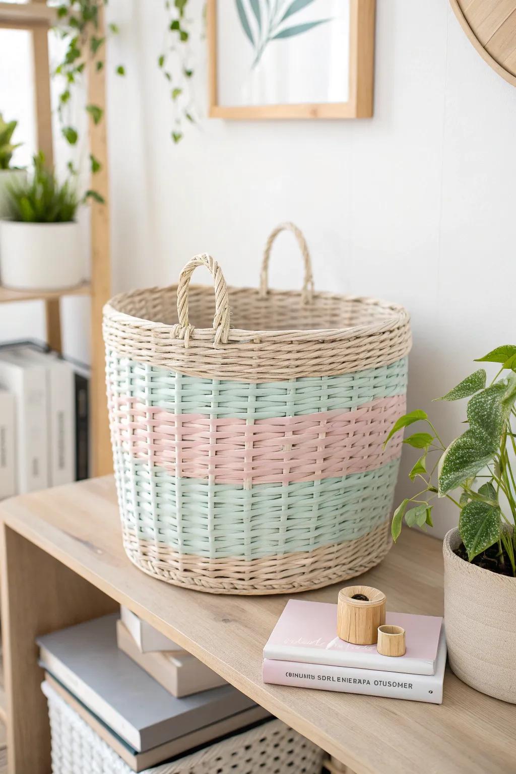 Transform your space with a touch of color and creativity: Upcycled baskets bring new life to your shelves.