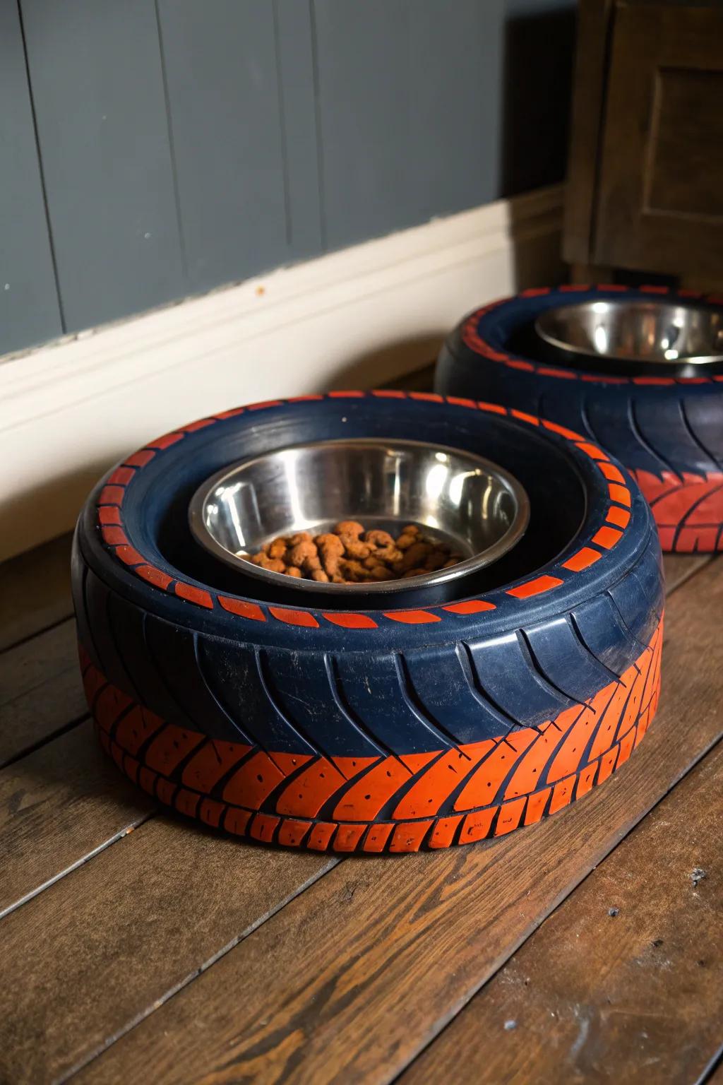 Transform old tires into a stylish feeding station your pets will adore!