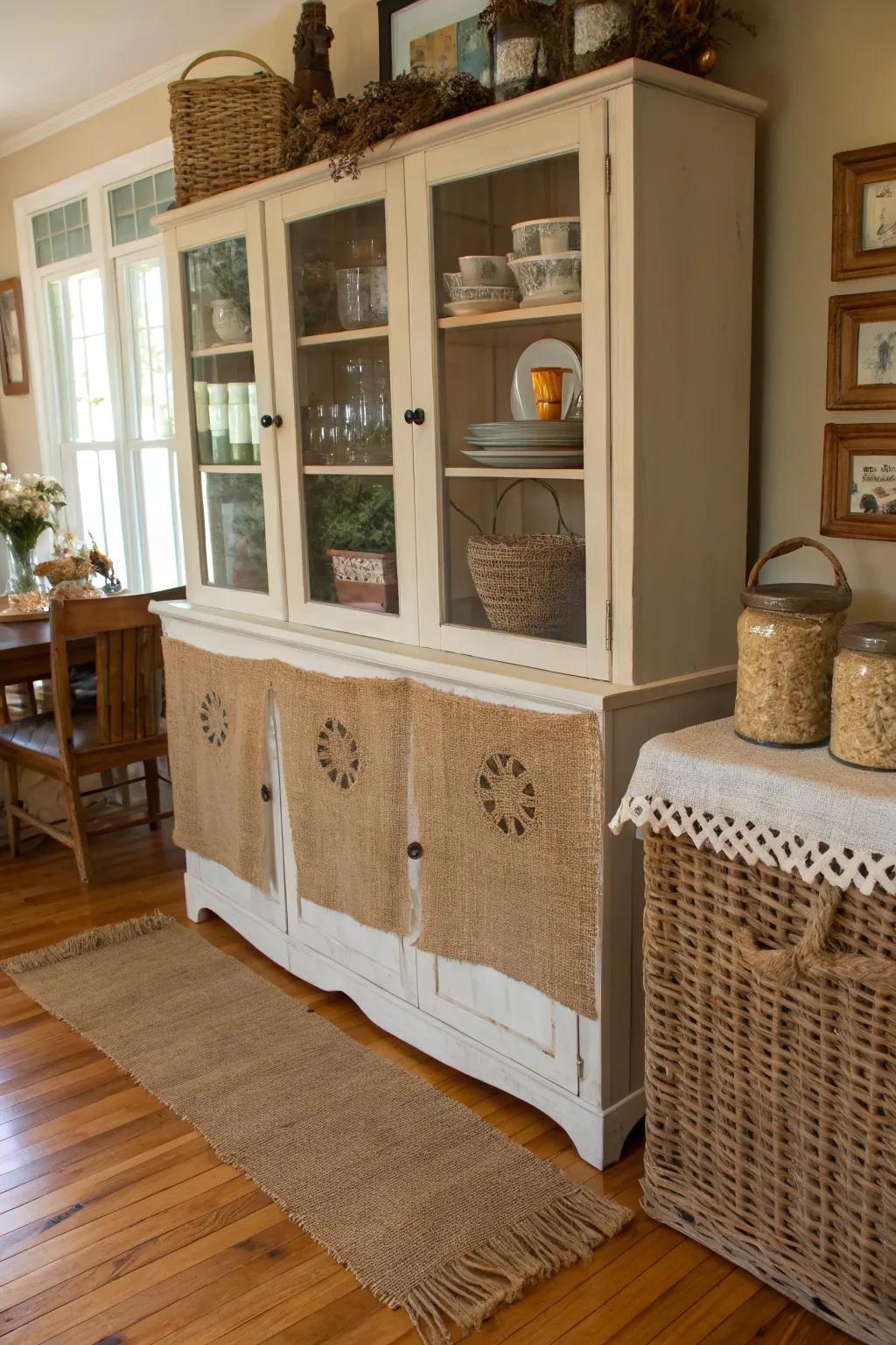 Burlap texture adds a cozy feel to your cabinets.