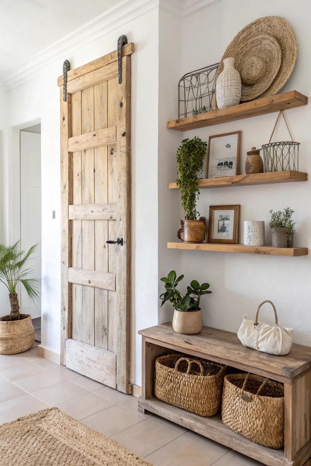 Transform old doors into stunning shelves that blend minimalist charm with boho elegance. #UpcycledBeauty #ScandiBoho
