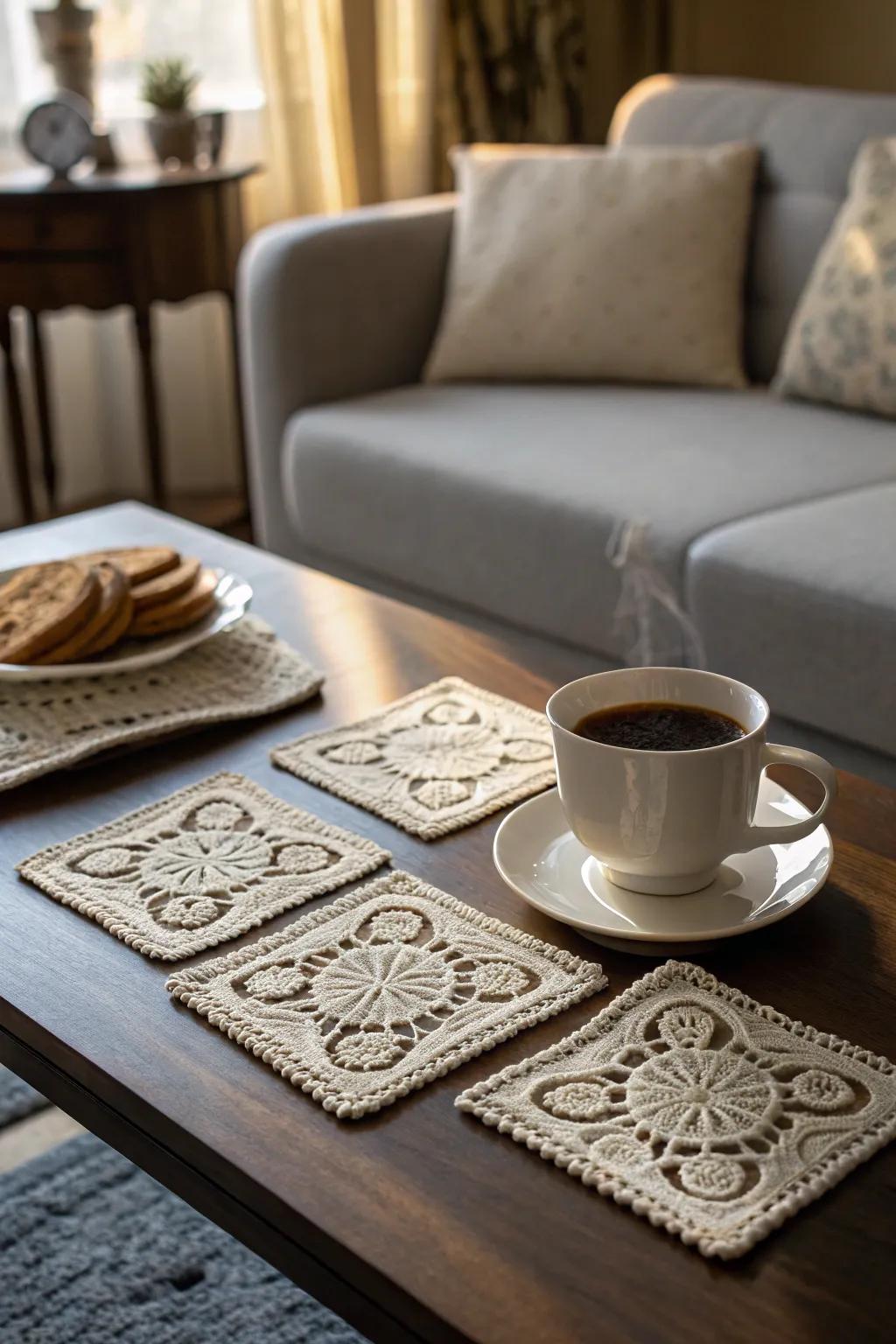 Protect your surfaces with elegant vintage linen coasters.