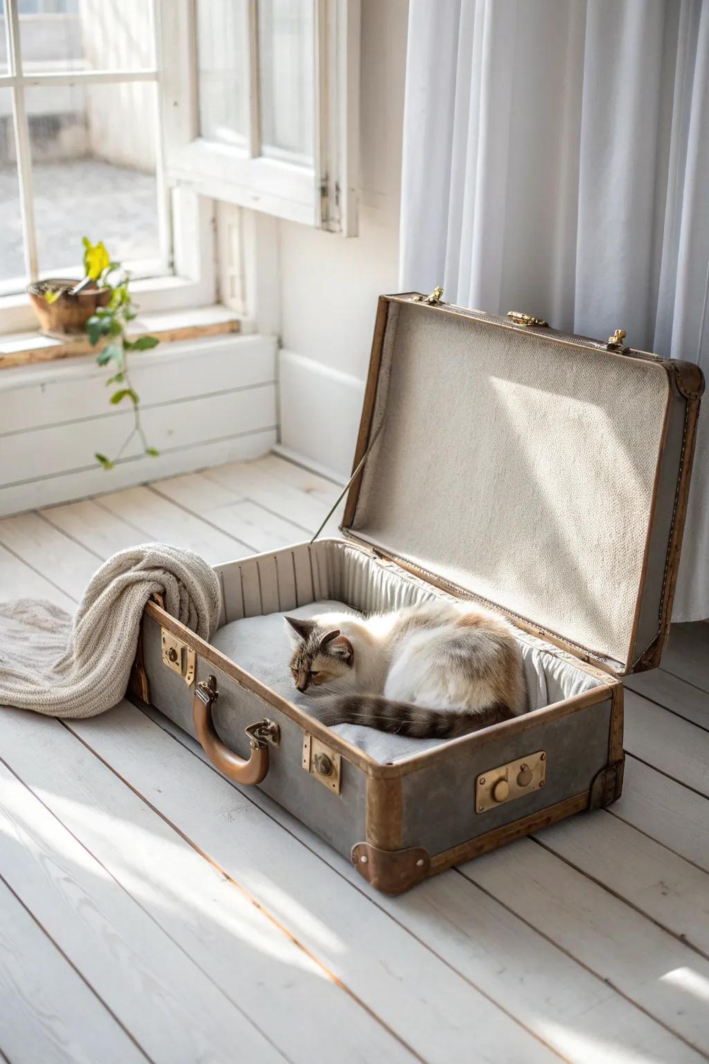 Give your furry friend a stylish sanctuary with a vintage suitcase pet bed. #Upcycle #ScandiBoho