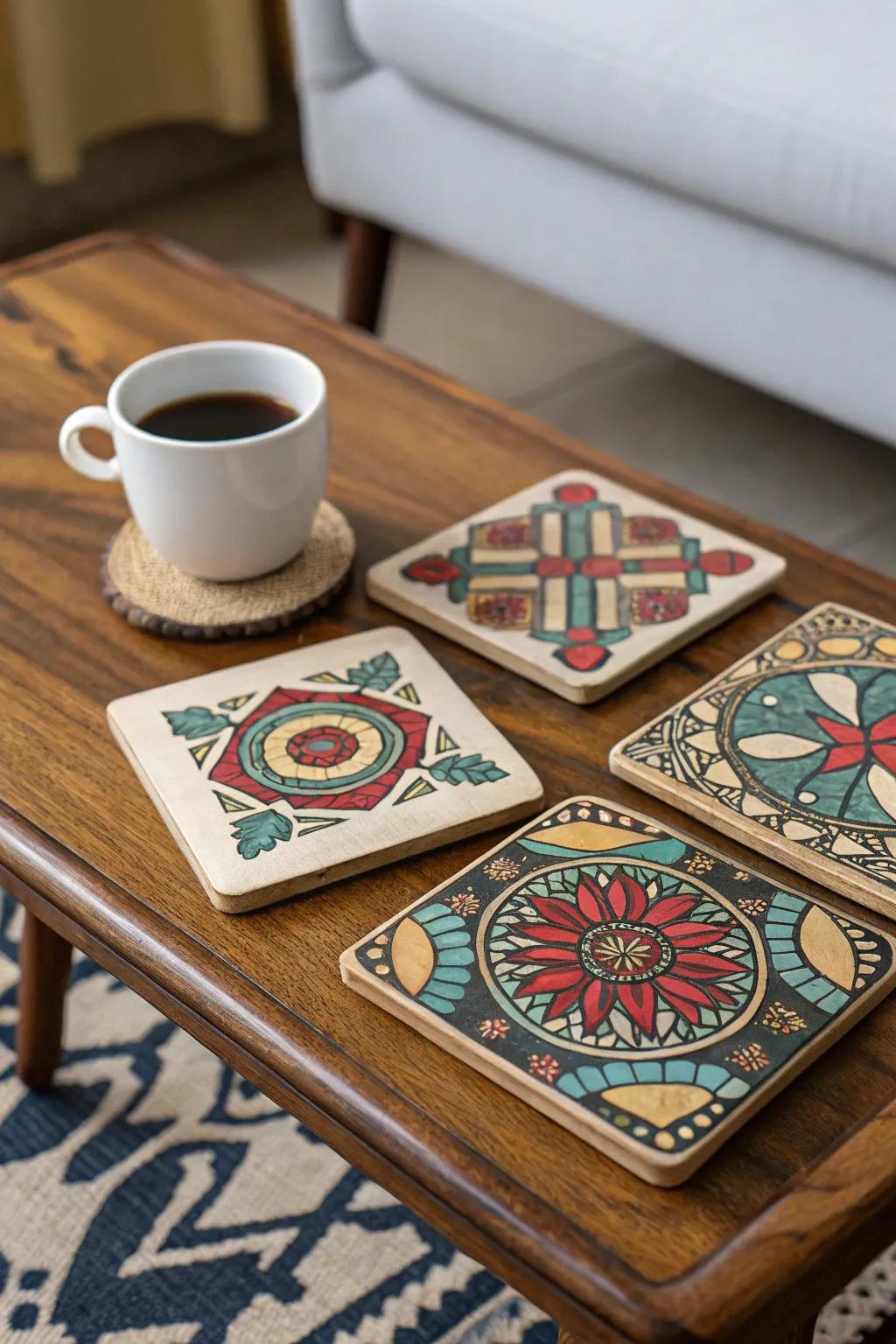 Crafted coasters, combining functionality with artistic flair.