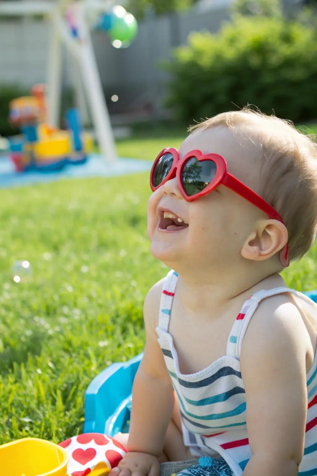 Heart-shaped sunglasses add style and sun protection.