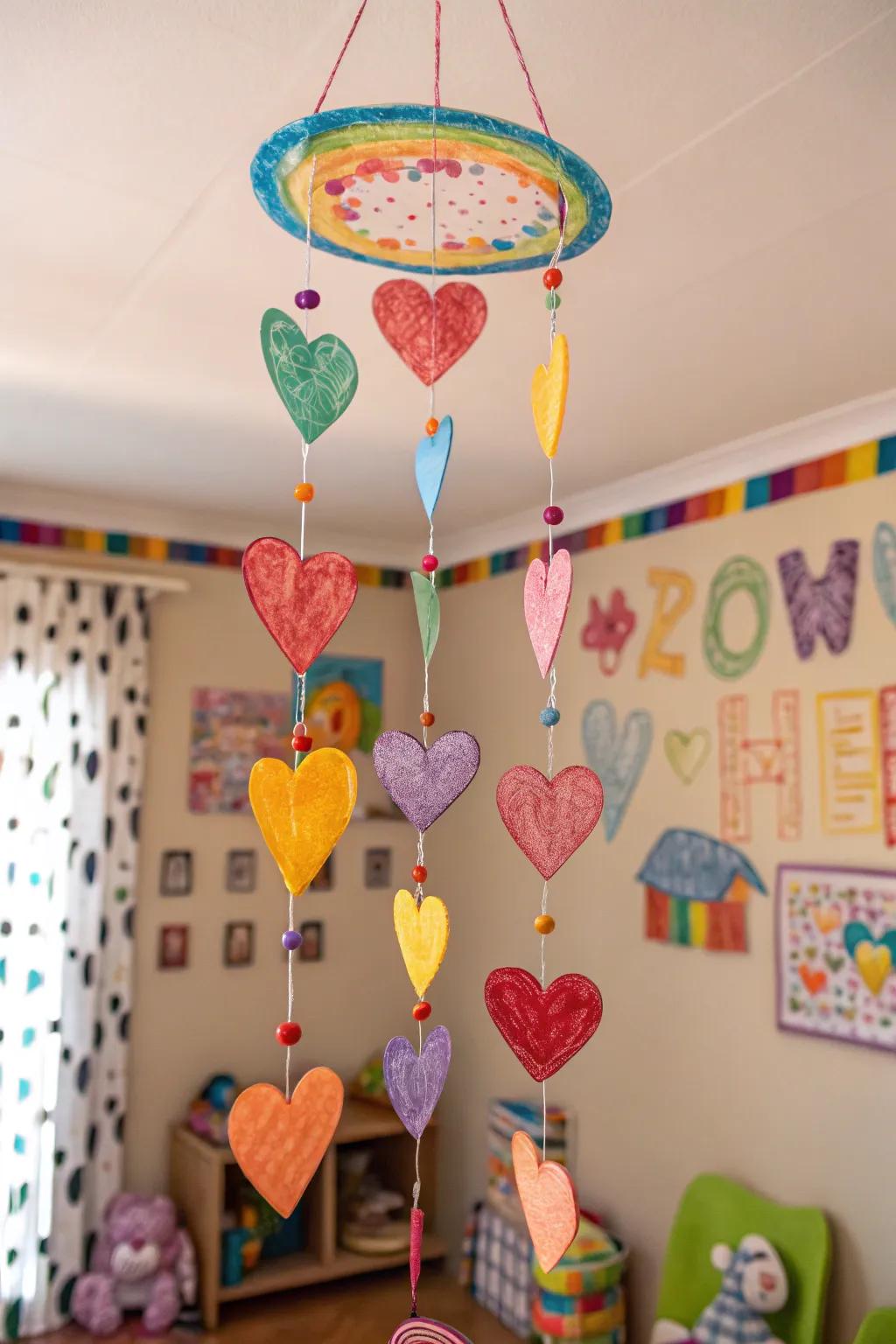 A crayon heart mobile adds color and movement to your decor.