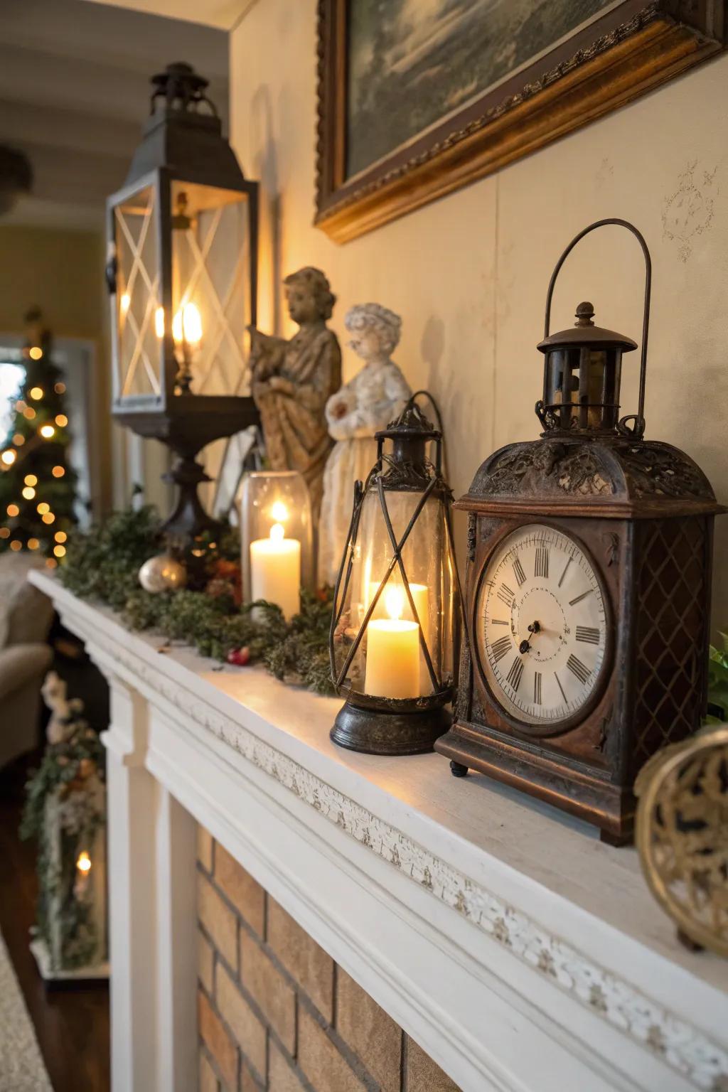 Vintage lanterns cast a warm glow over this inviting mantel display.