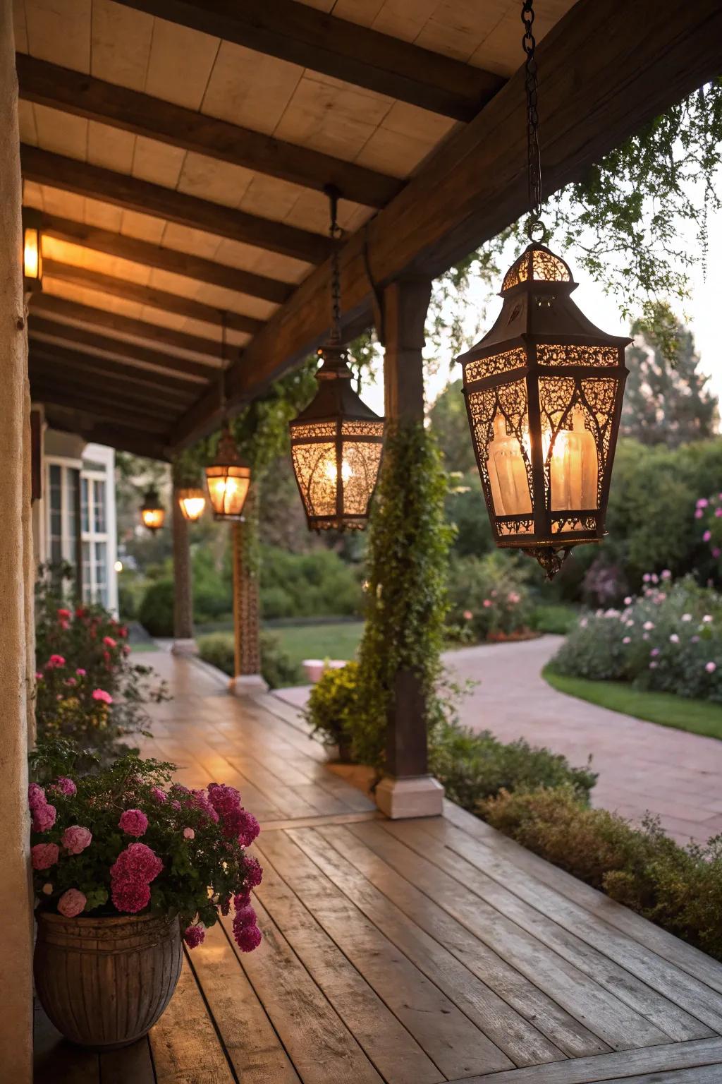 Vintage lanterns cast a warm glow over this charming patio.