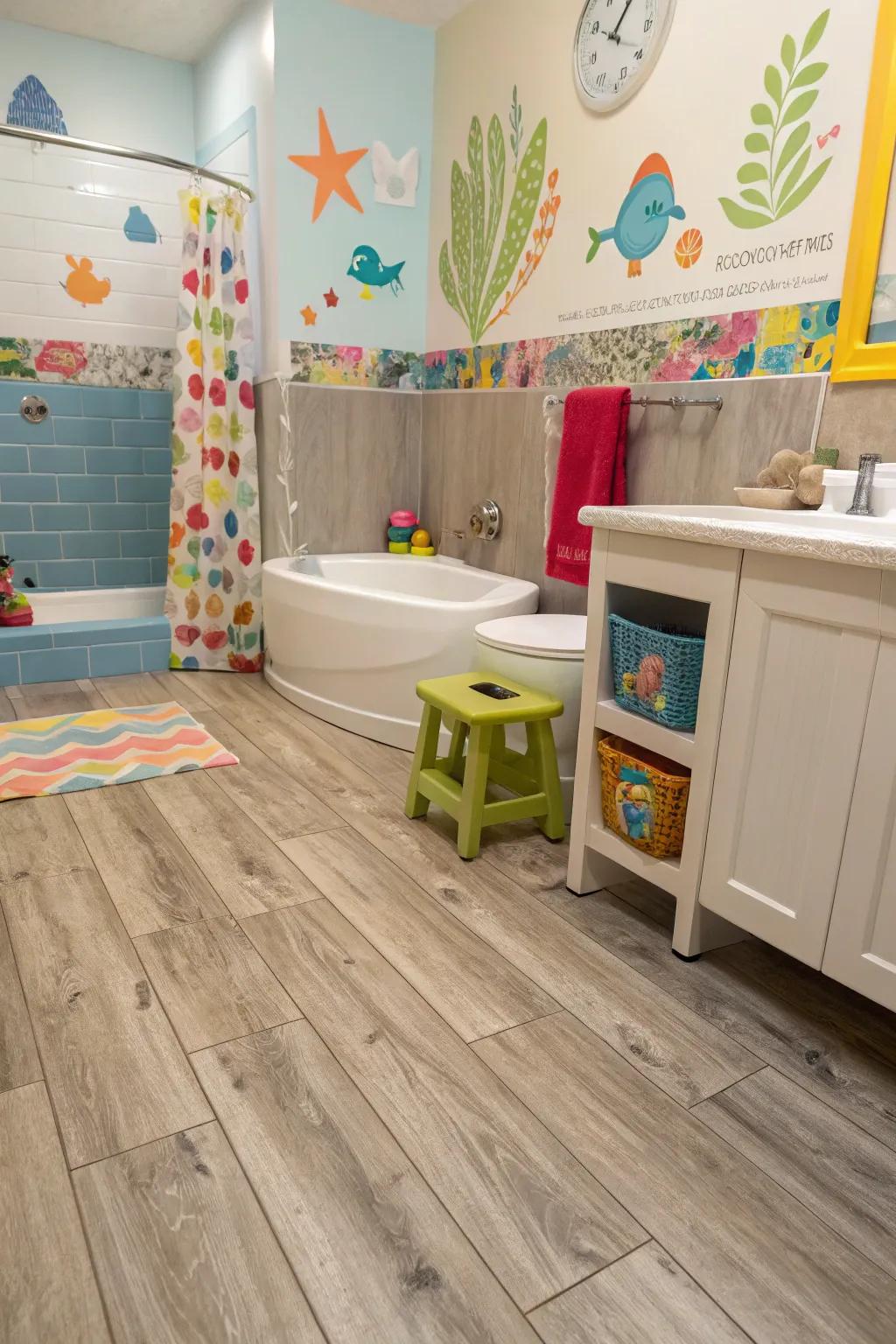 Playful vinyl flooring makes a fun addition to any kids' bathroom.