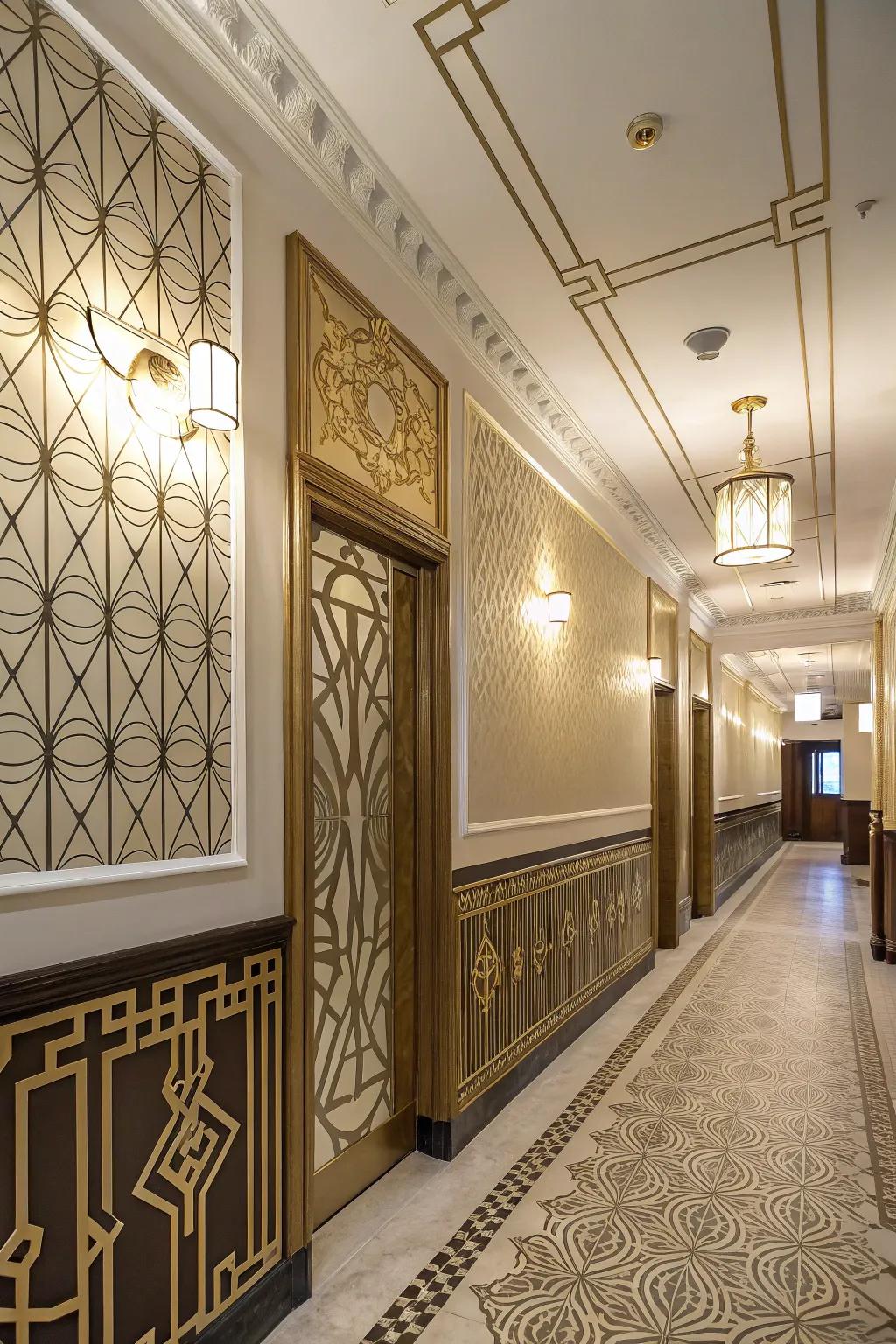 Art Deco wainscoting adds luxury and flair.