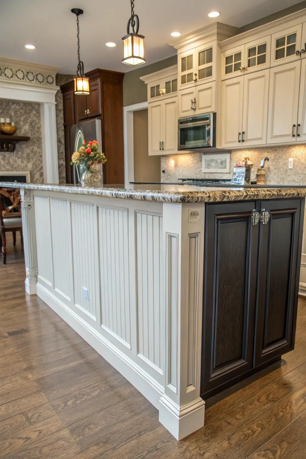 An eclectic mix of wainscoting styles adds personality to this kitchen island.