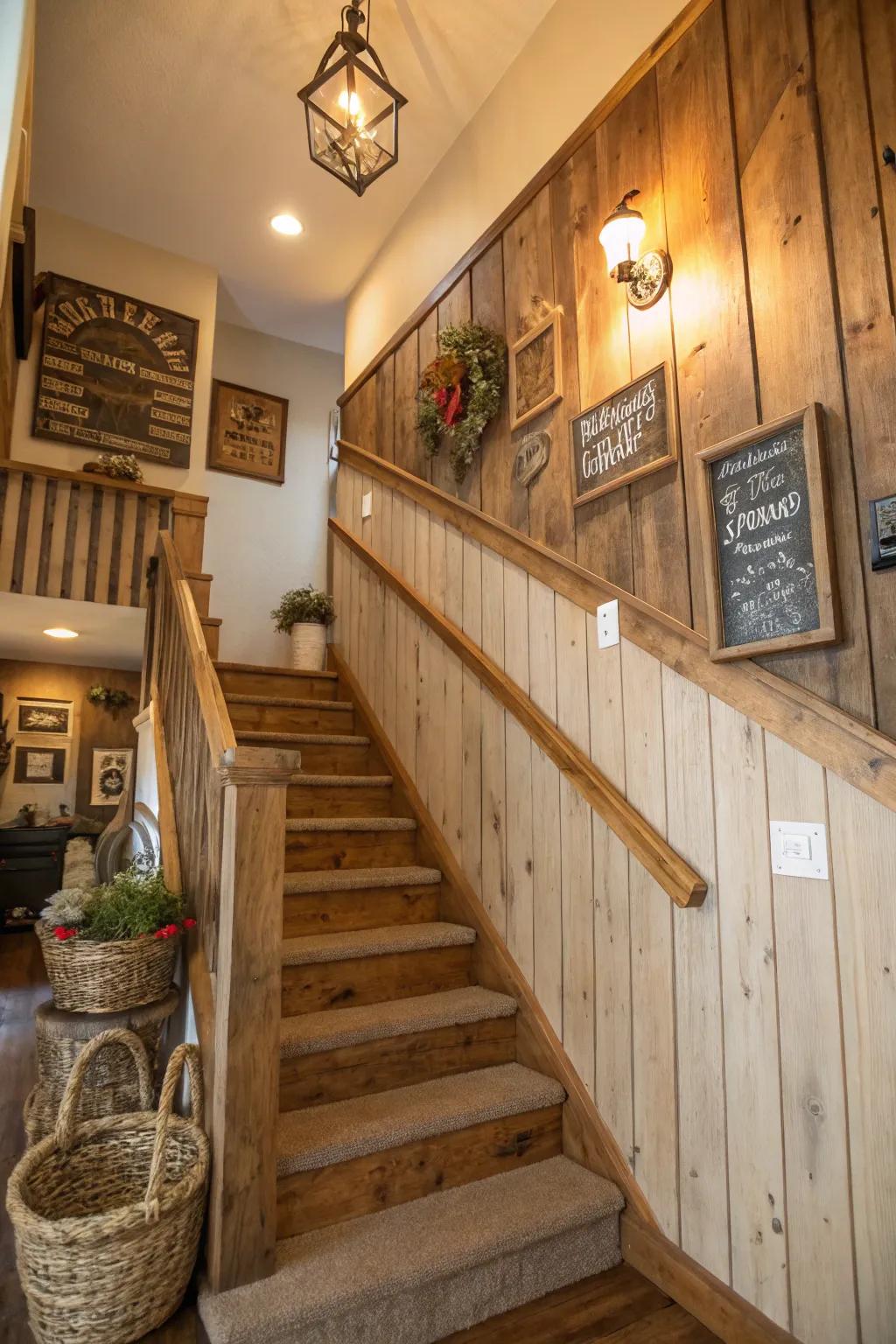 Barnwood wainscoting for a cozy, rustic stairwell.