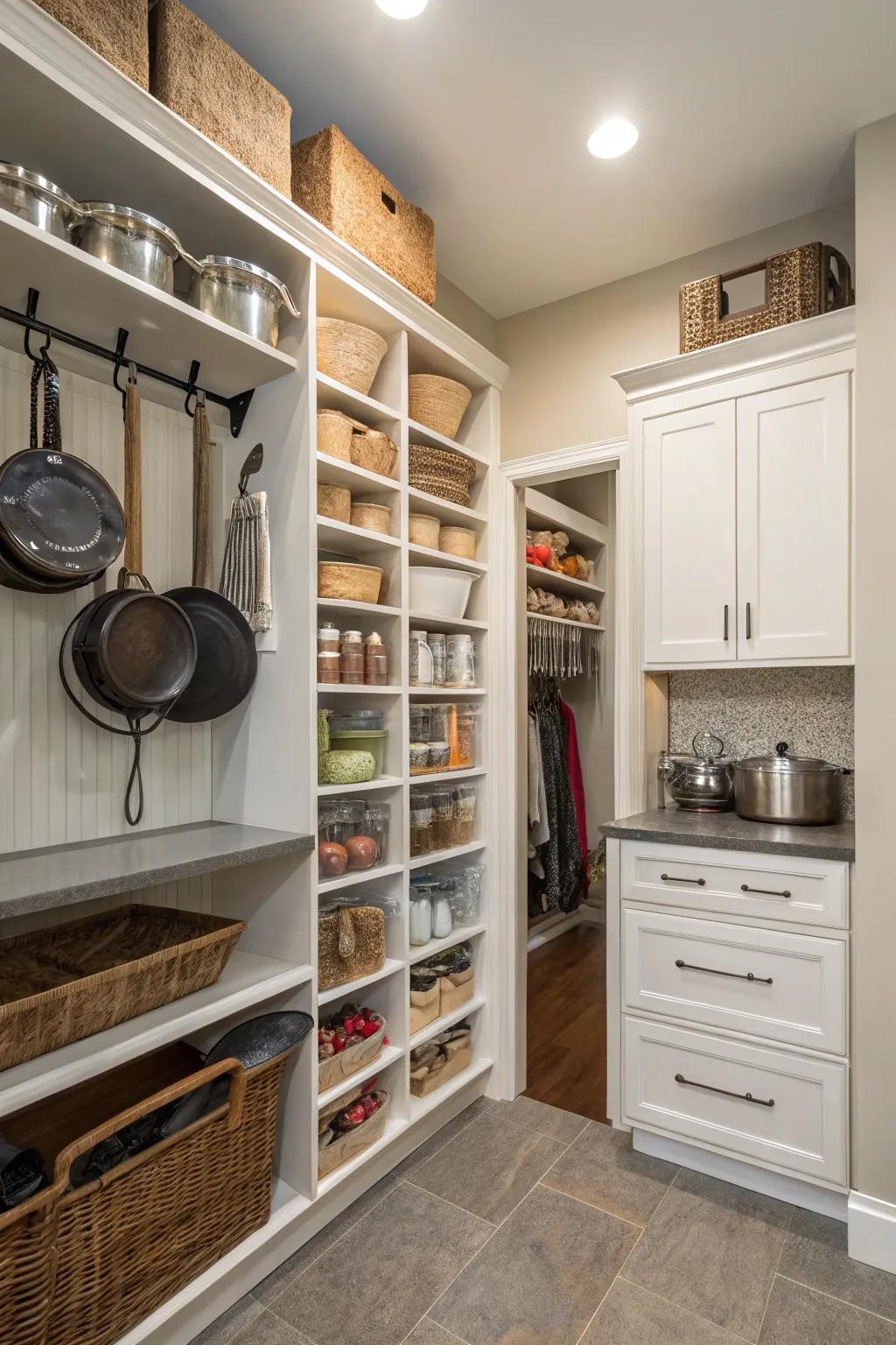 Efficient use of vertical space in a walk-in pantry.