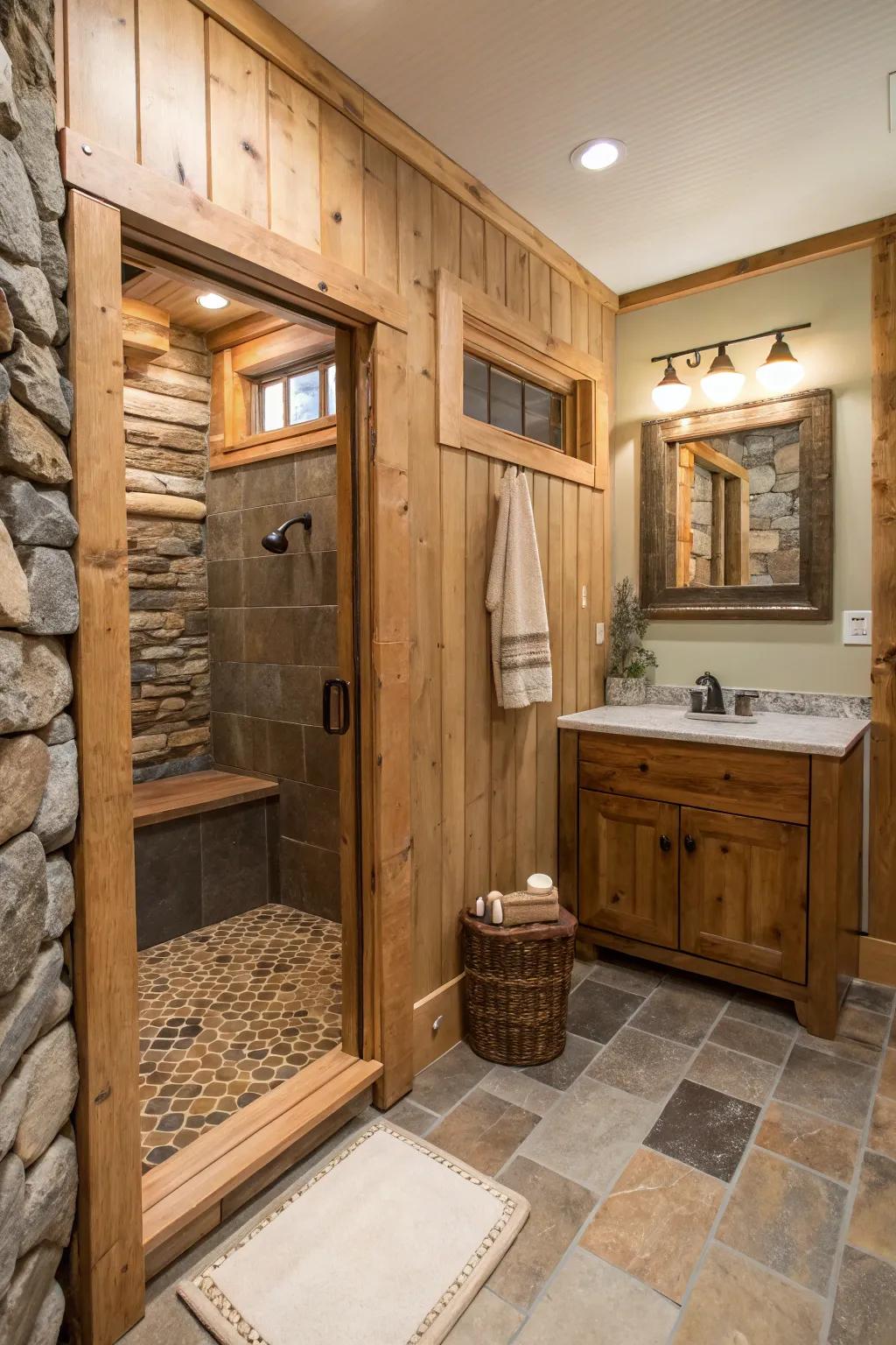 Rustic designs add warmth and texture to small bathroom spaces.