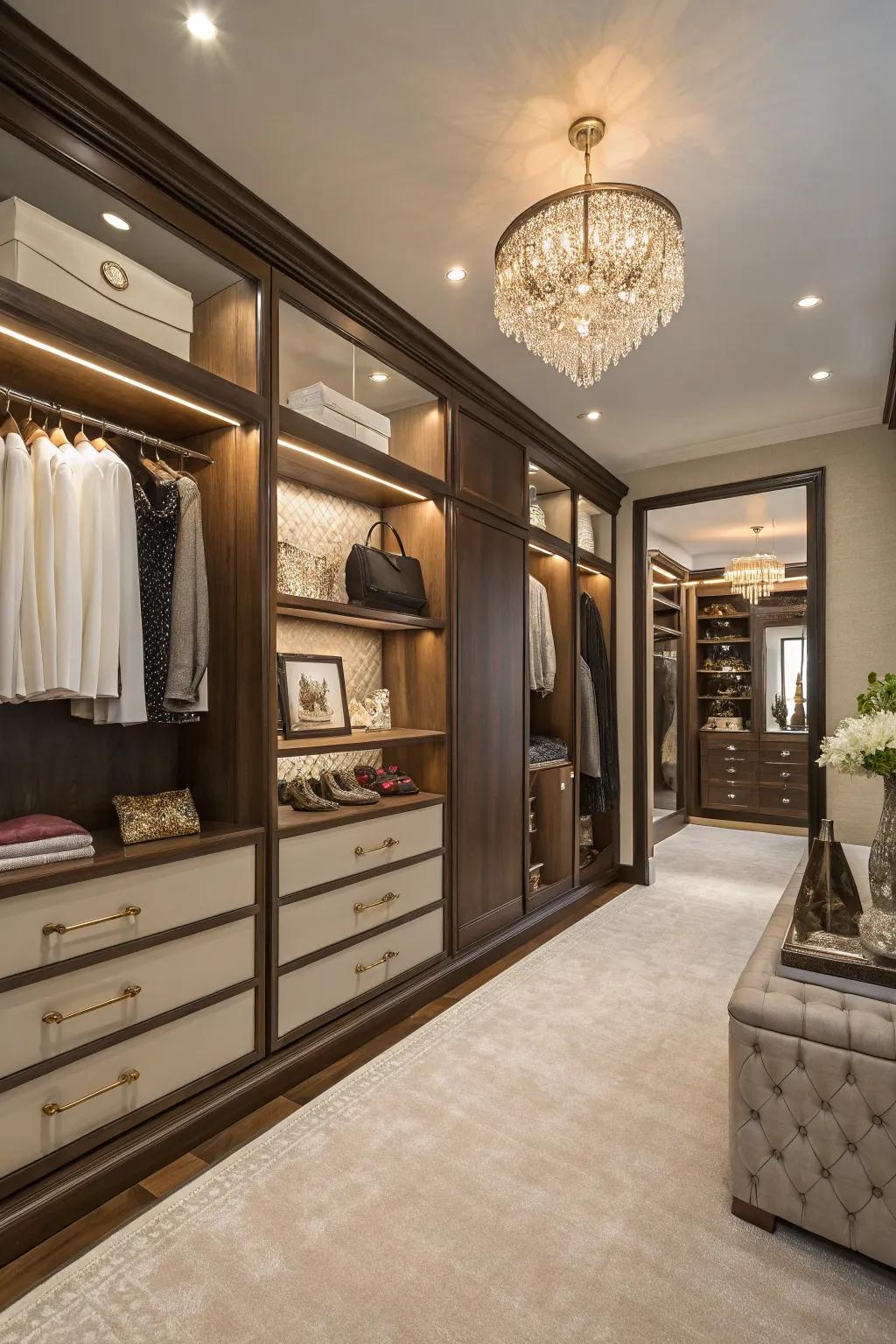 A luxurious walk-in closet created from a wall bump out, perfect for fashion lovers.