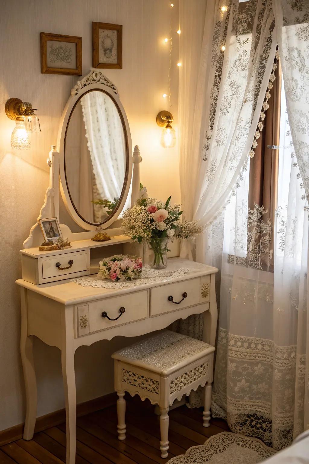 A vintage-inspired corner vanity perfect for a personal grooming space.