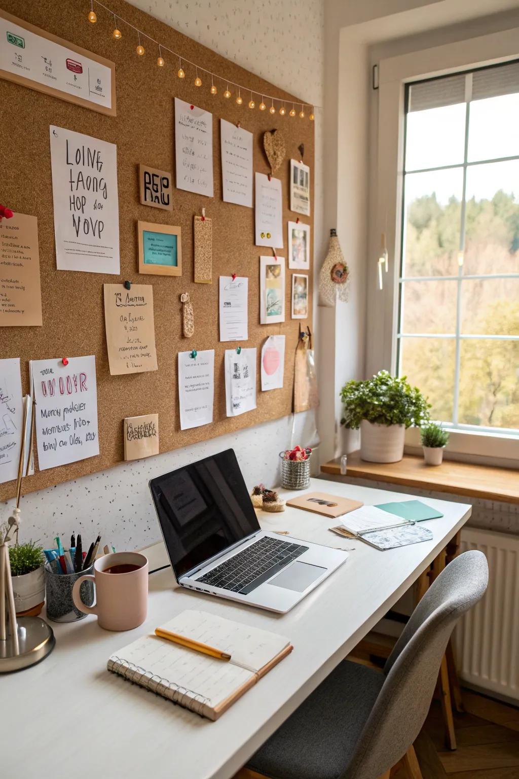 Cork boards provide a textured and customizable element in this office.