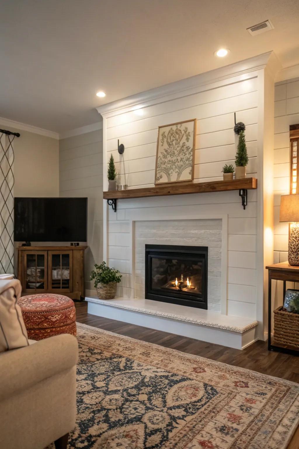 Living room with a cozy white shiplap accent wall.