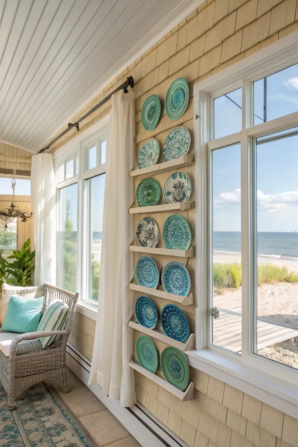 A coastal-themed plate rack bringing the essence of the sea indoors.