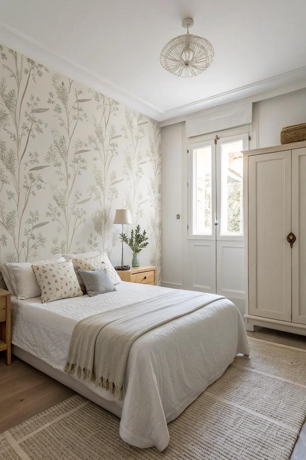 A serene bedroom with minimalist wallpaper and soft whites.