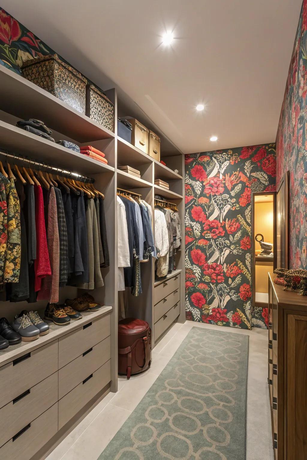 A feature wall adds drama and style to the wardrobe room.