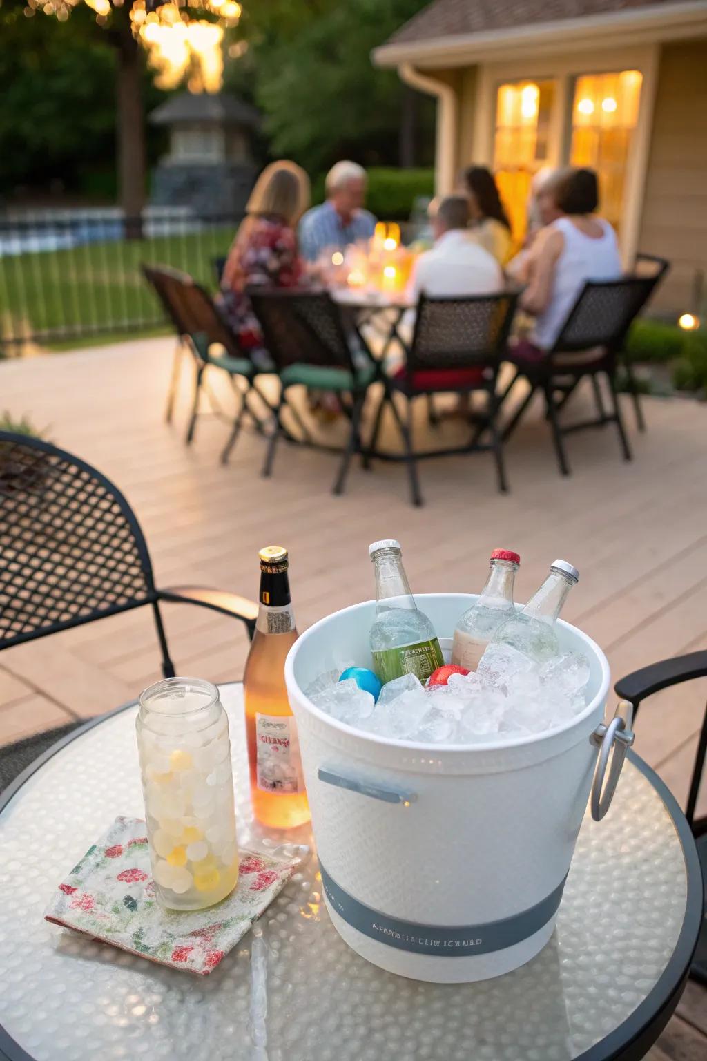 Decorative ice buckets keep drinks cool during gatherings.