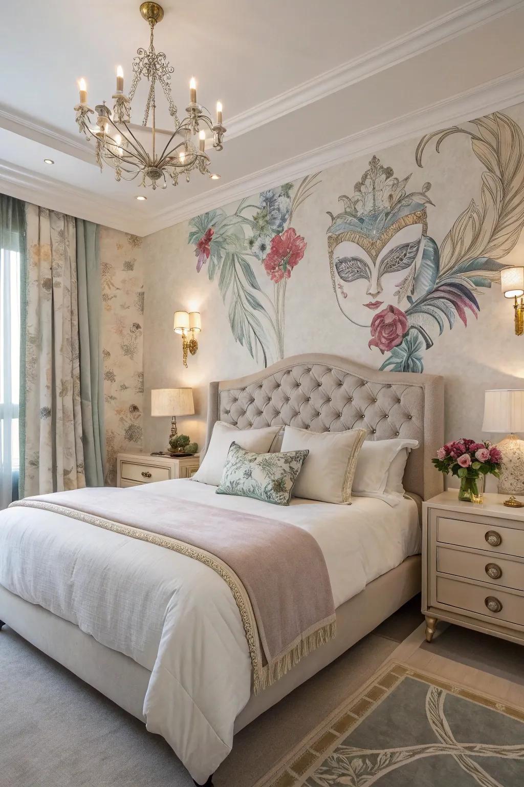 Intricate masked design watercolor background adorns a chic bedroom.