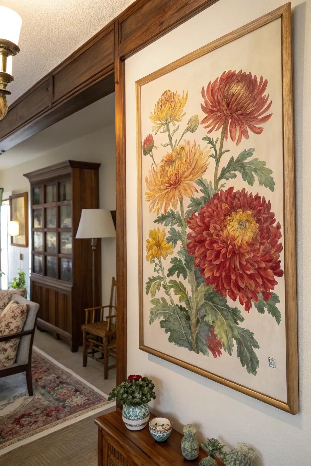 Delve into complexity with this intricate painting of chrysanthemums.