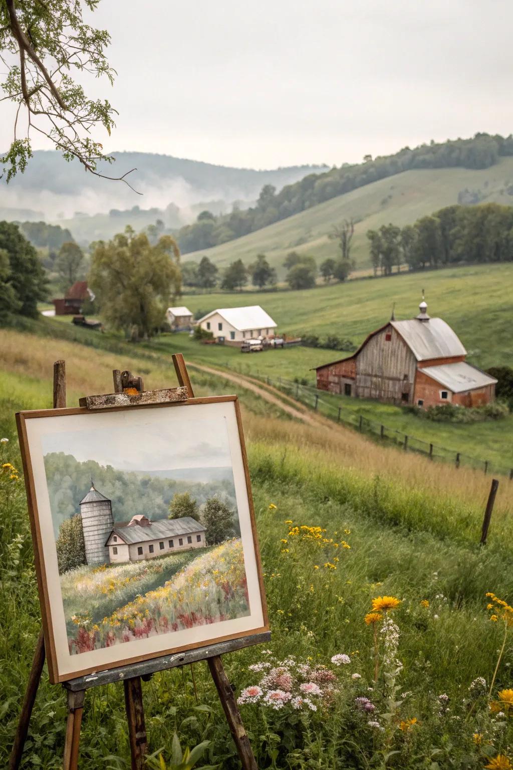 A rustic farmhouse scene in watercolor.