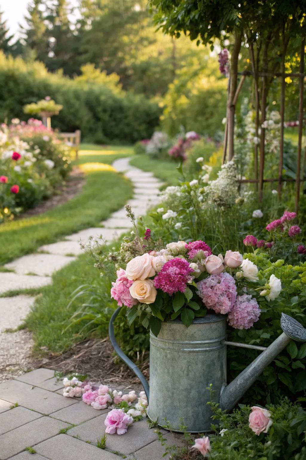 Cottage garden charm with roses and peonies in a watering can.