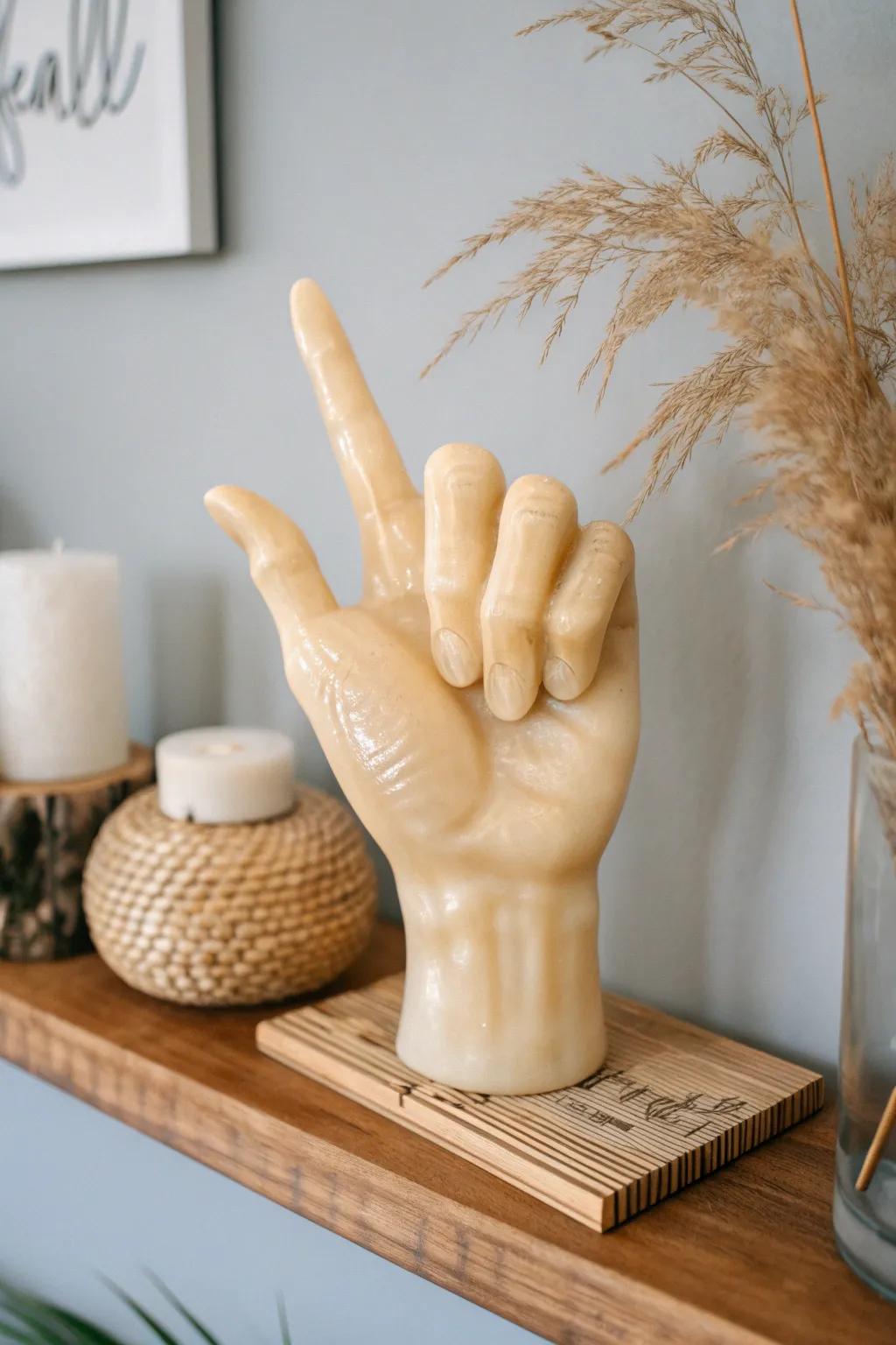 Bring a touch of beachy serenity to your space with this elegant 'hang loose' wax hand sculpture.