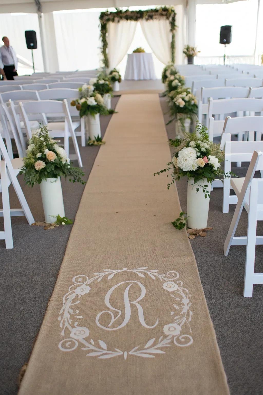 A personalized monogrammed runner for the wedding aisle.