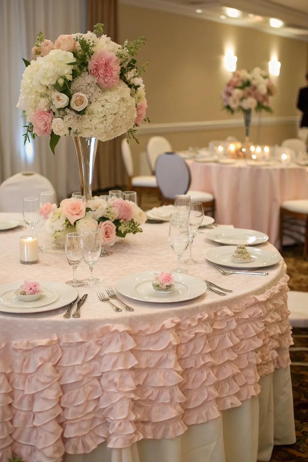 Ruffled runners add a touch of whimsy and romance to wedding tables.