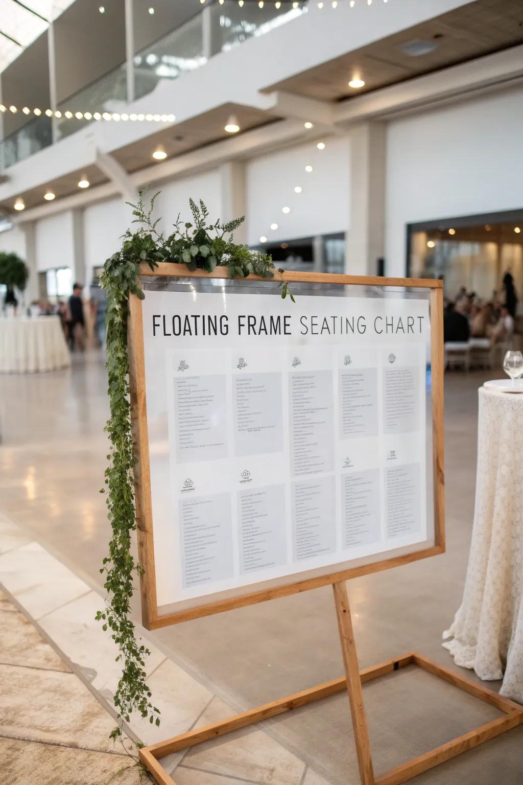 A floating frame seating chart offering a modern and elegant touch to a contemporary wedding setup.