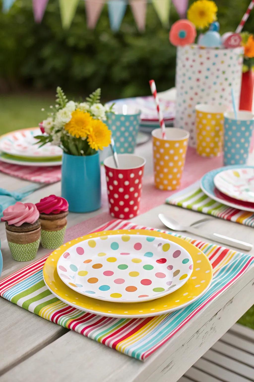 A playful wedding table setting with vibrant patterns and colors.