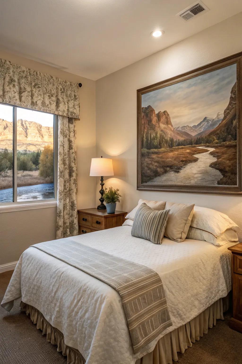 A river scene painting adds a soothing and refreshing touch to this bedroom.