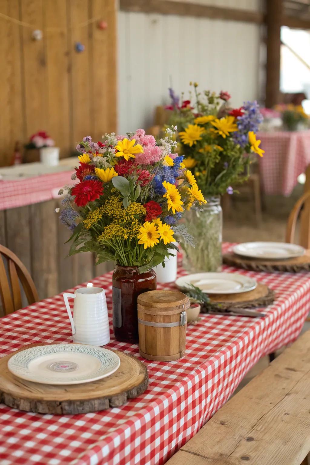 Wildflower arrangements adding natural beauty to the table.