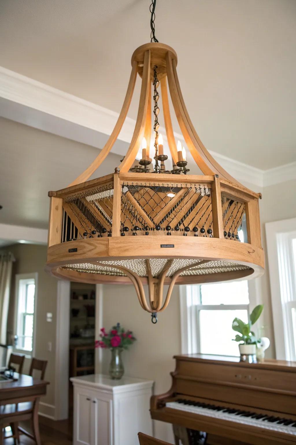 Illuminate your space with a touch of musical elegance: a chandelier crafted from repurposed piano parts.