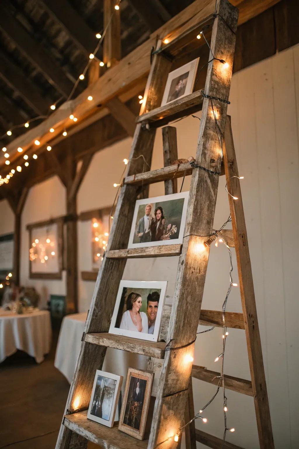 A rustic ladder display showcasing cherished family memories.