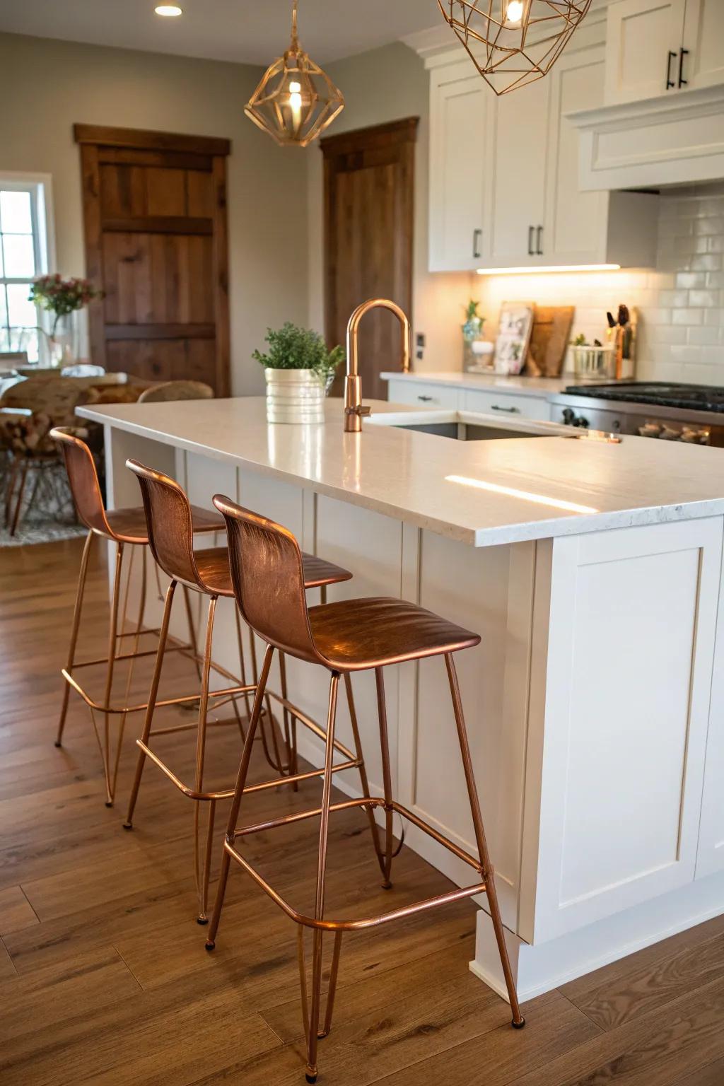 Copper bar stools add warmth and style to this kitchen seating area.