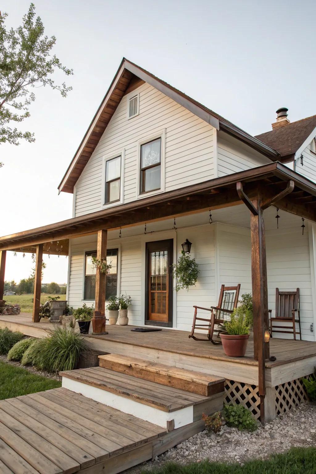 Brown trim provides a rustic charm to this inviting white home.