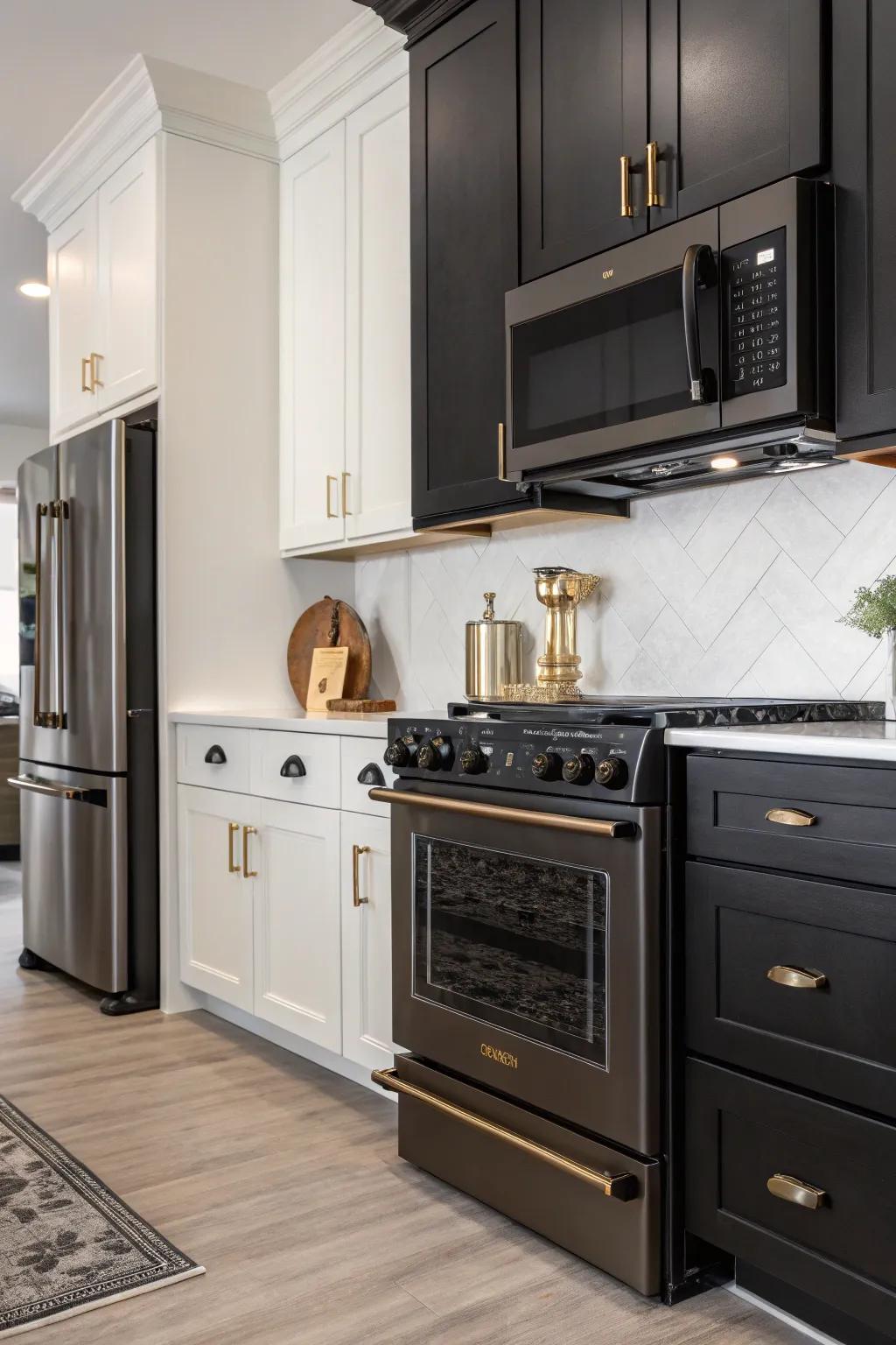 Mixed metal finishes add depth to a kitchen with black hardware.