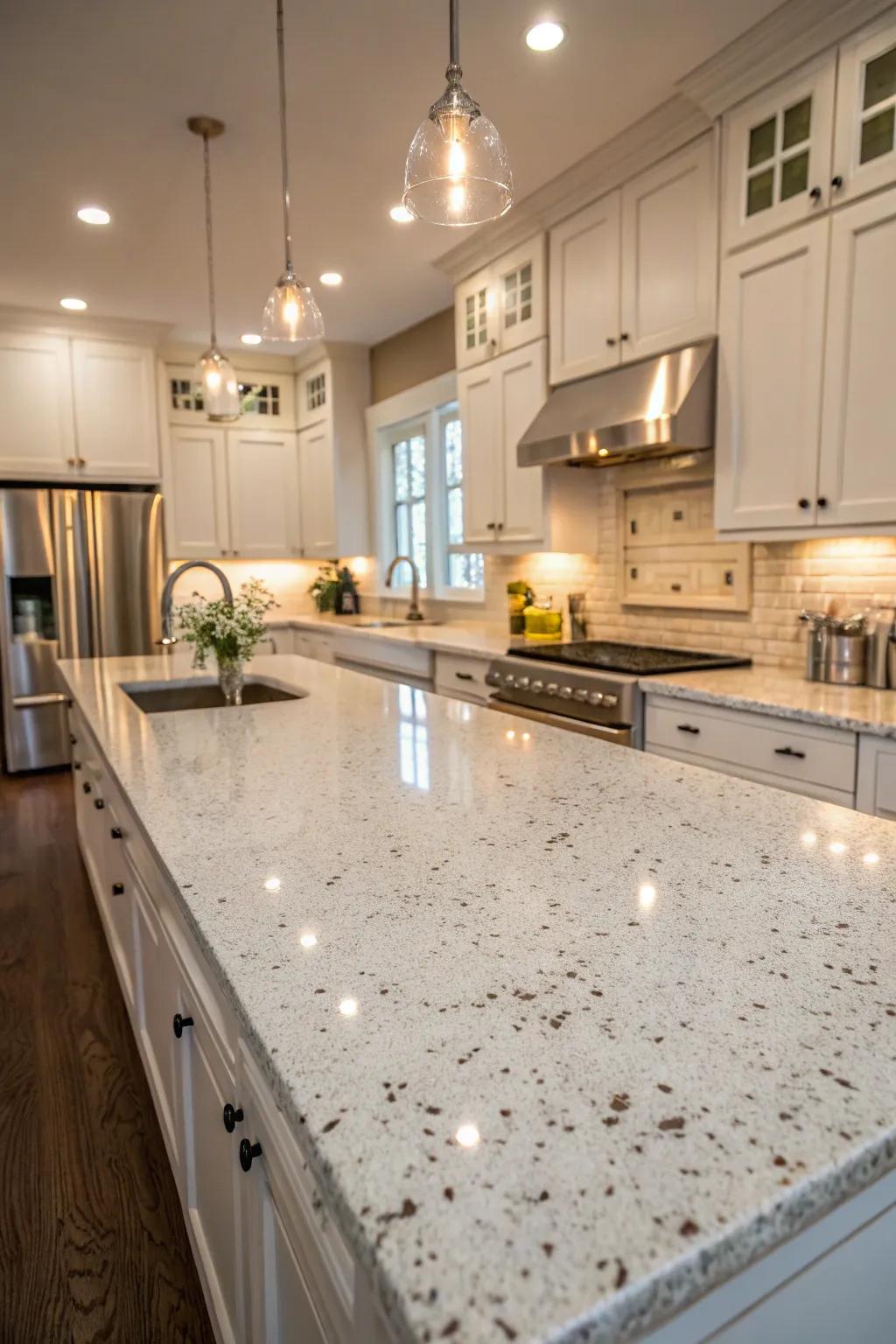 White granite countertops offer natural beauty with durability.