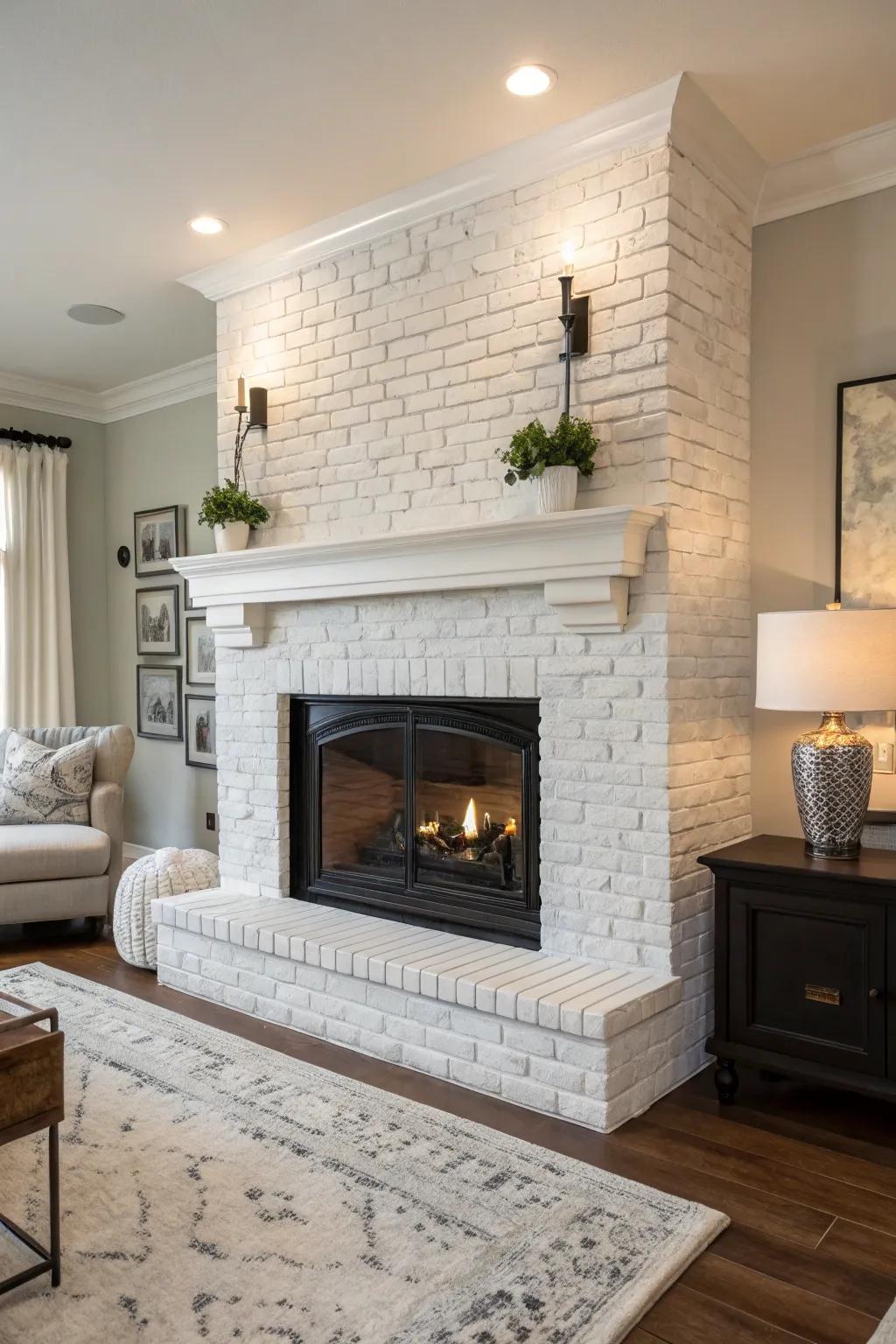 A sophisticated living room with a whitewashed fireplace and a dark firebox.