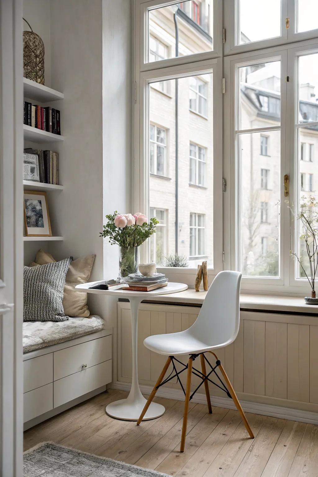 A Scandinavian simplicity nook offers a calm and serene environment.