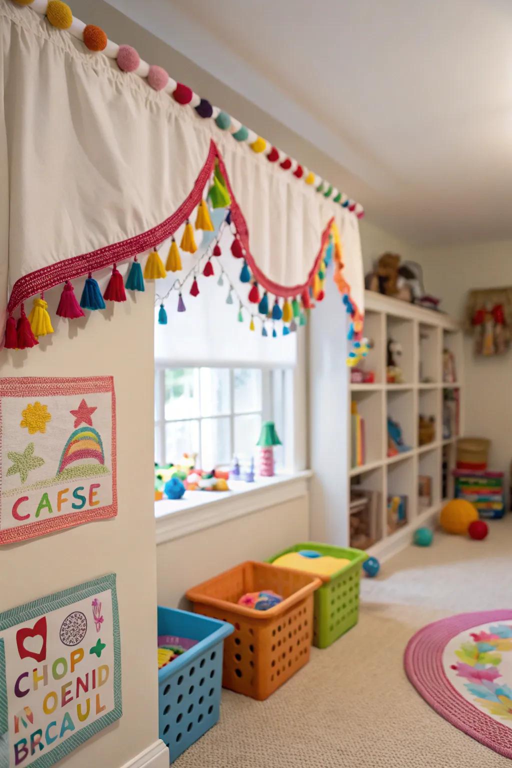 Playful pom-pom trim valance in a children's playroom.