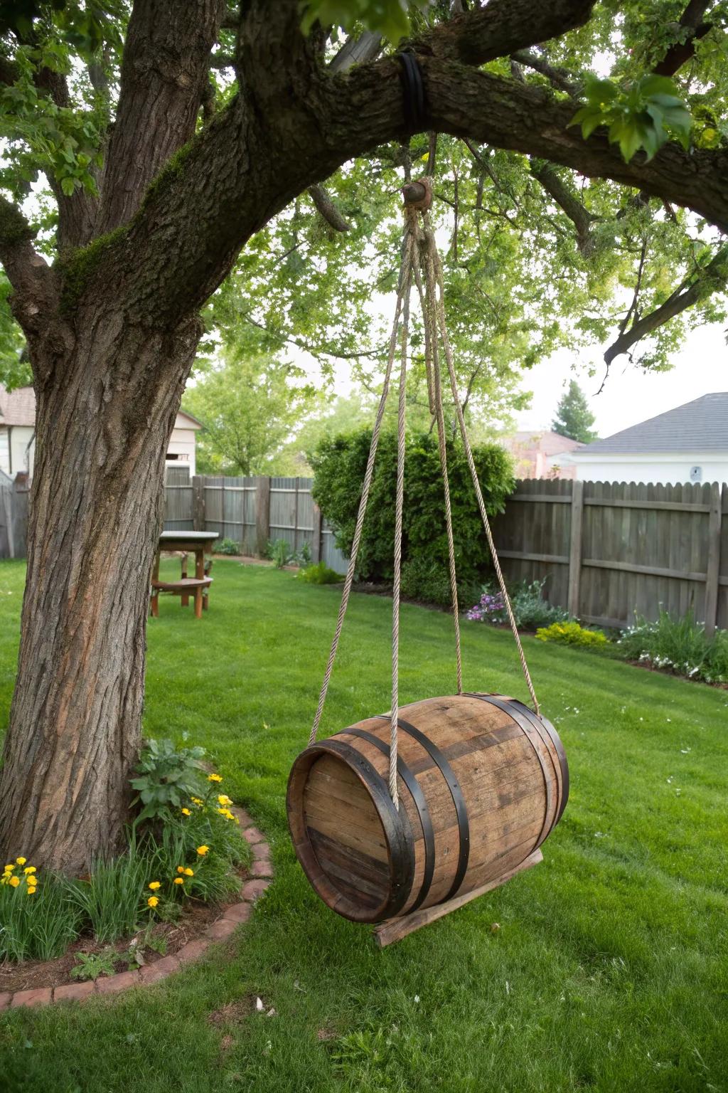 A wine barrel swing adds fun to any backyard.