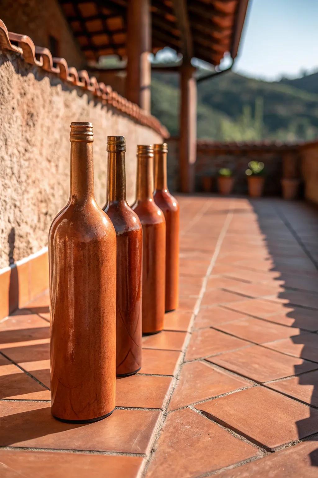 Achieve a rustic look with terracotta-finished bottles.