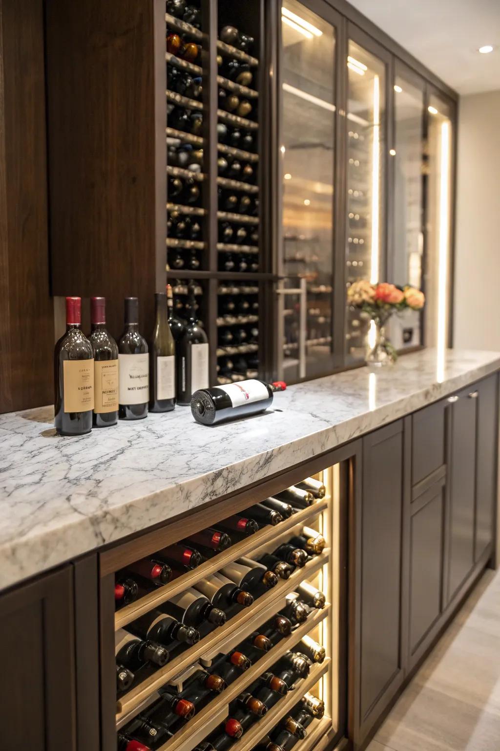 A wine closet featuring a sleek marble countertop